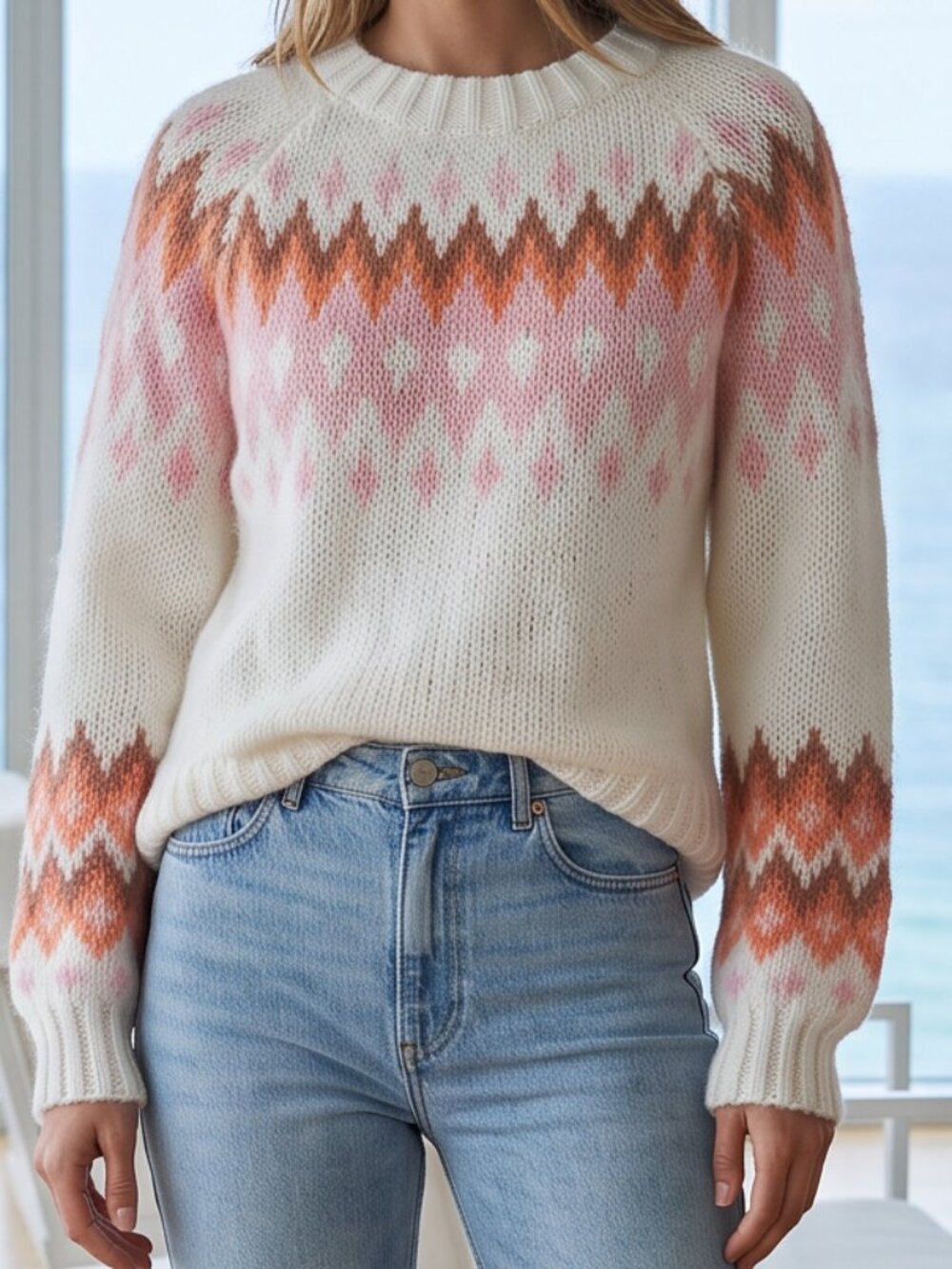 NEW! $154 Wooden Ships Fair Isle Jaxon winter white pink orange tan Sweater S/M